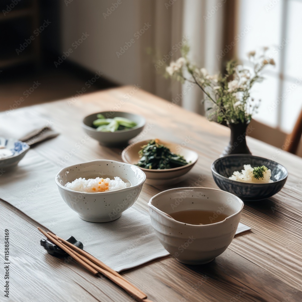 Serene Japanese table setting with delicate tea cups, miso soup, and small minimalist side dishes in elegant bowls. Serene Japanese table setting with delicate tea cups, miso soup, and small minimalist side dishes in elegant bowls.