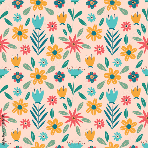 Floral seamless pattern. Cute colored flowers on a beige background. Vector illustration for fabric, background, March 8 card, cover, packaging, wrapping paper, wallpaper, bed linen