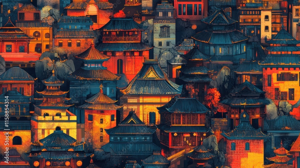 Obraz premium Vibrant Urban Landscape with Traditional Asian Architecture at Night