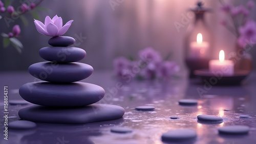 Zen and tranquility concepts, meditation, relaxation, peaceful settings in purple color