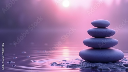 Zen and tranquility concepts, meditation, relaxation, peaceful settings in purple color
