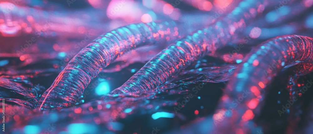 Glowing fiber optic cables create a vibrant backdrop in a hyper-realistic style Glowing fiber optic cables create a vibrant backdrop in a hyper-realistic style