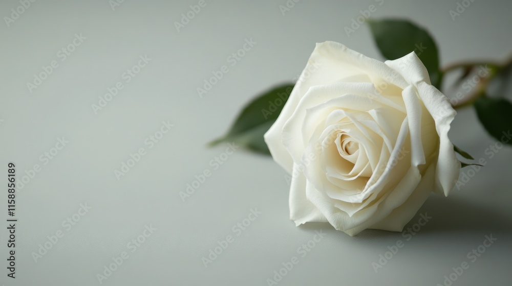 Fototapeta premium A serene white rose on a light gray background, close-up shot, Minimalist style