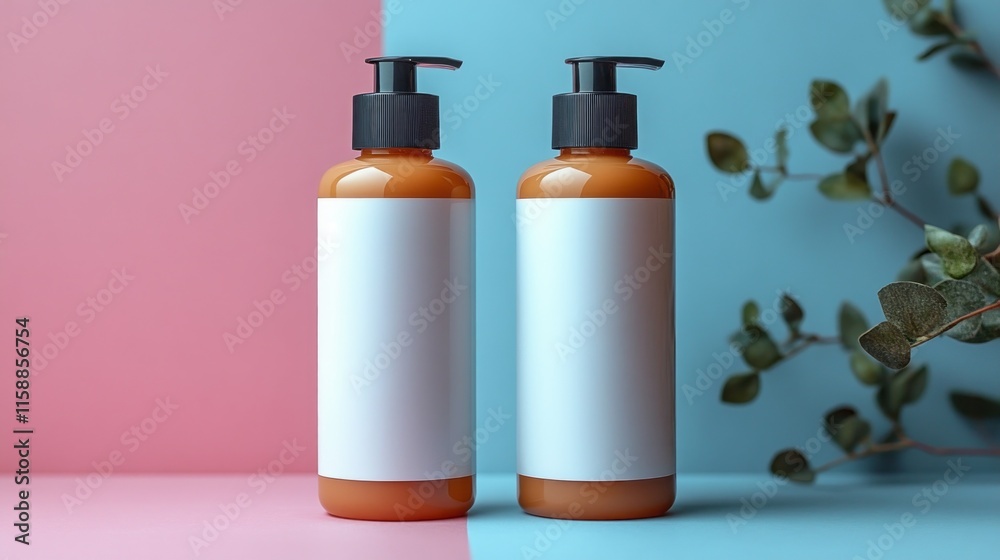 Stylish cosmetic bottles in mocha mousse color on a pastel background with greenery prominently featured