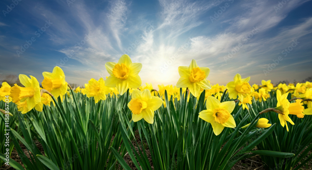 Fototapeta premium Vibrant Field of Yellow Daffodils Under a Stunning Blue Sky at Sunrise