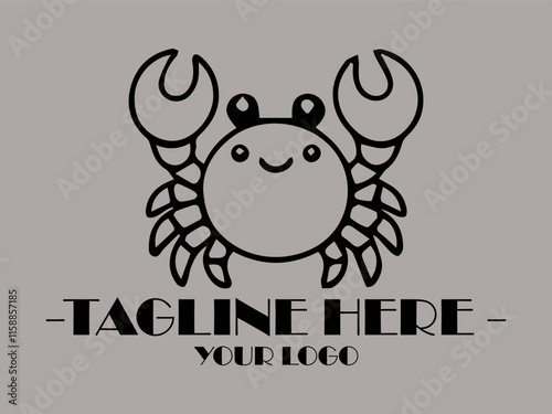 Happy crab with spectacles in black lines, suitable for childrens illustrations, educational materials, and marinethemed designs. Creative and quirky