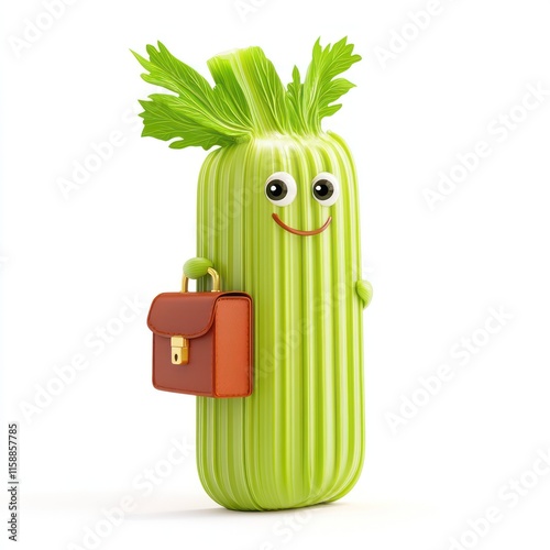 A jolly celery stalk with a tiny briefcase. vector style art 3d illustration Isolated on White Background photo