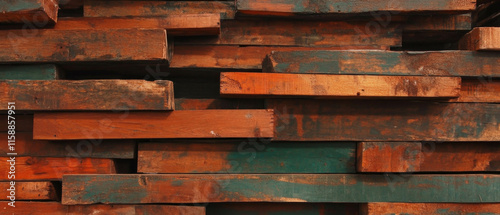 Planks of reclaimed wood stacked in an artistic display for sustainable design projects photo