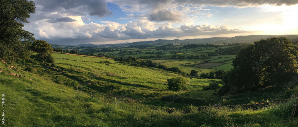 Obraz premium Serene countryside landscape with patchwork fields under a cloudy sky at sunset