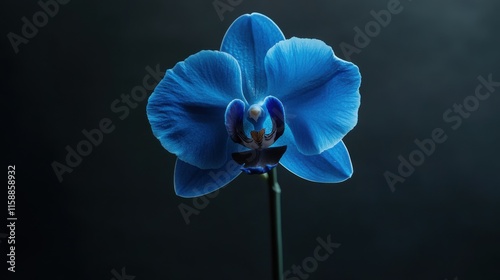 A single exotic blue orchid on a sleek black backdrop, close-up shot, Minimalist style