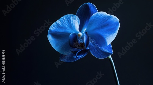 A single exotic blue orchid on a sleek black backdrop, close-up shot, Minimalist style