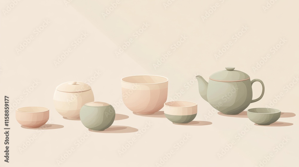 Minimalist tea set with teapots and cups on wooden shelf in pastel tones Minimalist tea set with teapots and cups on wooden shelf in pastel tones