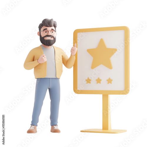 A cheerful man showcasing a three-star rating with a positive attitude., isolated on a transparent background.