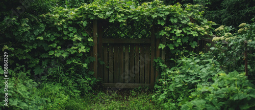 Wooden garden trellis enveloped in lush green vines creating a natural entrance