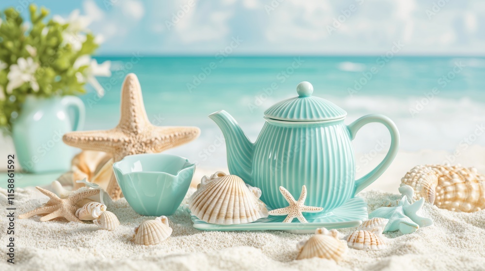 Coastal Seashell Porcelain Tea Set on Sandy Beach for Vacation Designs Coastal Seashell Porcelain Tea Set on Sandy Beach for Vacation Designs