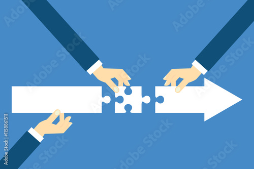 Teamwork working together to success, cooperation or team building collaborate to solve problem, partnership, help and support, business people colleagues help work together to connect jigsaw puzzle.