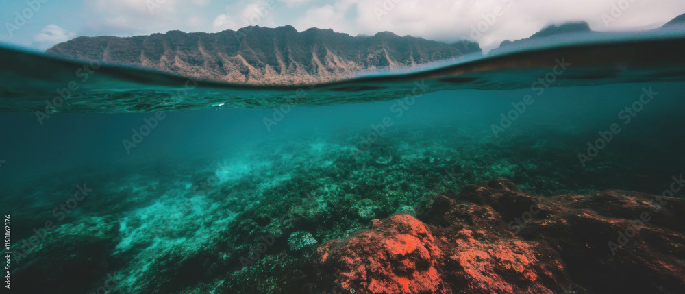 Fototapeta premium Colorful underwater coral reef teeming with marine life in tropical waters