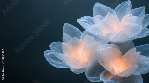 Three white flowers are lit up with a blue background