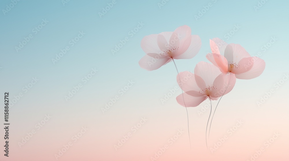 Naklejka premium A close up of three pink flowers with a blue background