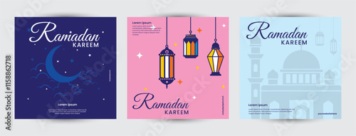 Set of Ramadan Kareem. Islamic greeting card template design, poster, banner. Modern art design with pattern of beautiful Arabic ornament and typography in flat geometric style