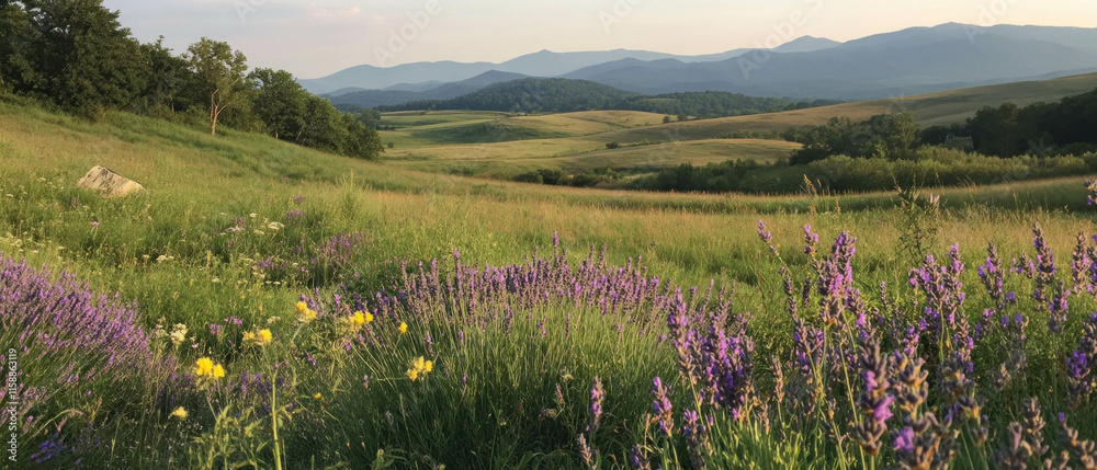 Obraz premium Expansive lavender fields bloom under a serene sky in a picturesque landscape
