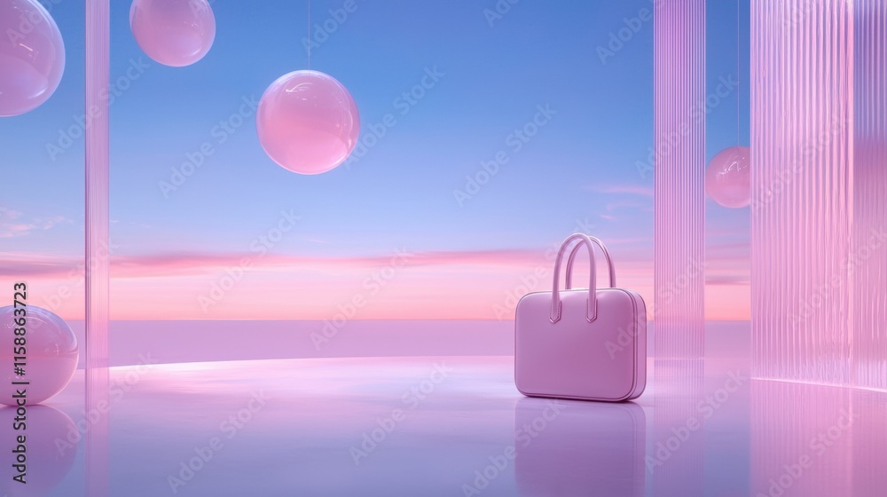 A pink purse is sitting on a white floor in a room with pink walls A pink purse is sitting on a white floor in a room with pink walls