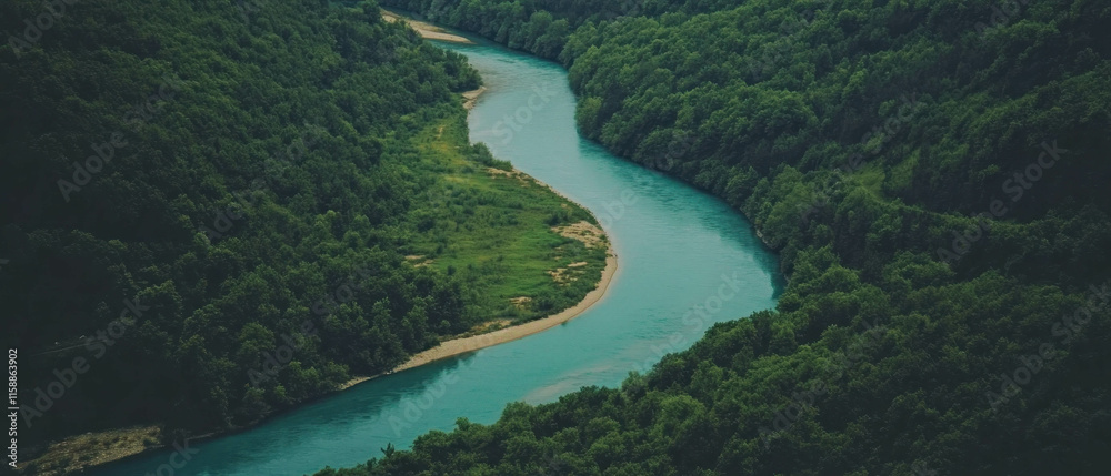 Winding river flows through lush green landscape in cinematic aerial view Winding river flows through lush green landscape in cinematic aerial view