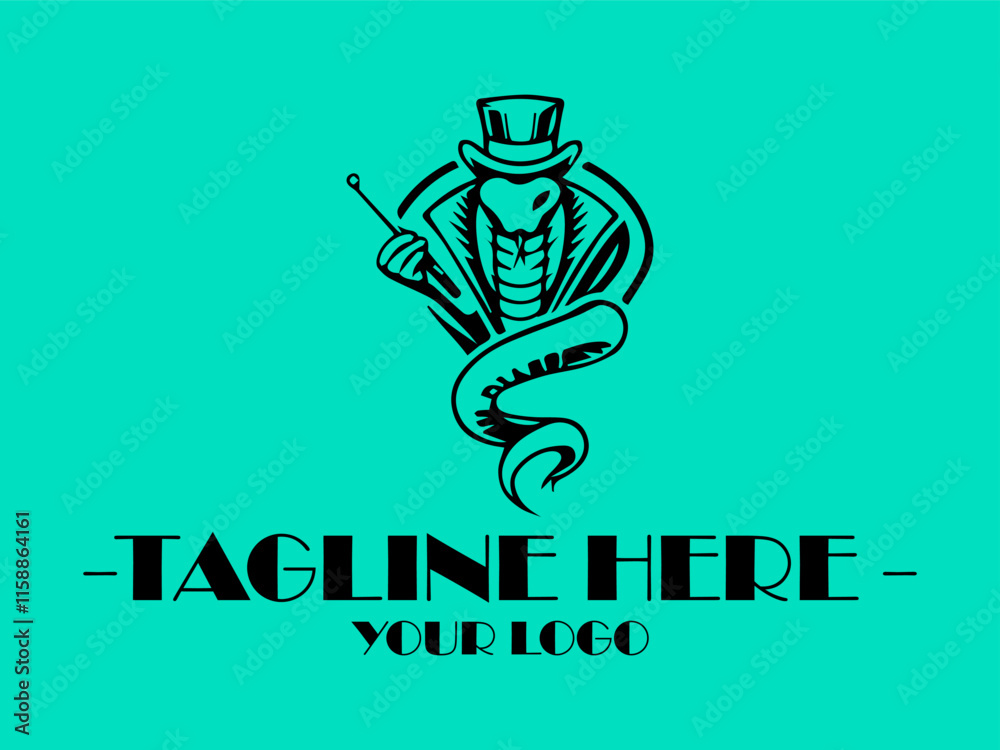 Naklejka premium Tophatted cobra with a magic wand is perfect, snake as a magician for mystical and fantasythemed designs, posters, and childrens book illustrations