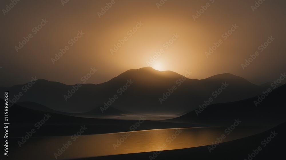 Golden sunset over serene mountains and calm lake. Golden sunset over serene mountains and calm lake.