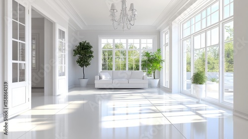 Bright and Spacious Living Room with Elegant White Decor and Plants