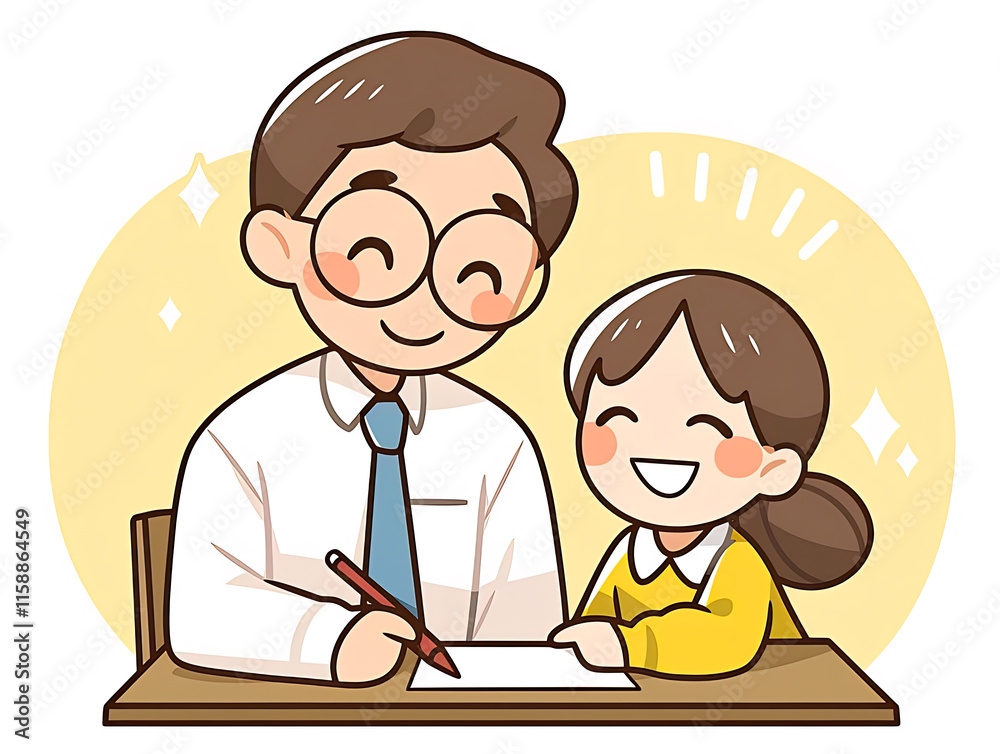 Happy father and daughter studying together at a desk. Happy father and daughter studying together at a desk.