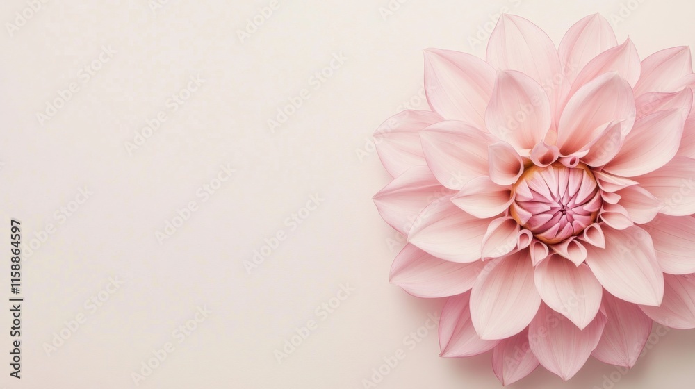 Fototapeta premium A single pastel pink dahlia against a soft cream background, close-up shot, Minimalist style