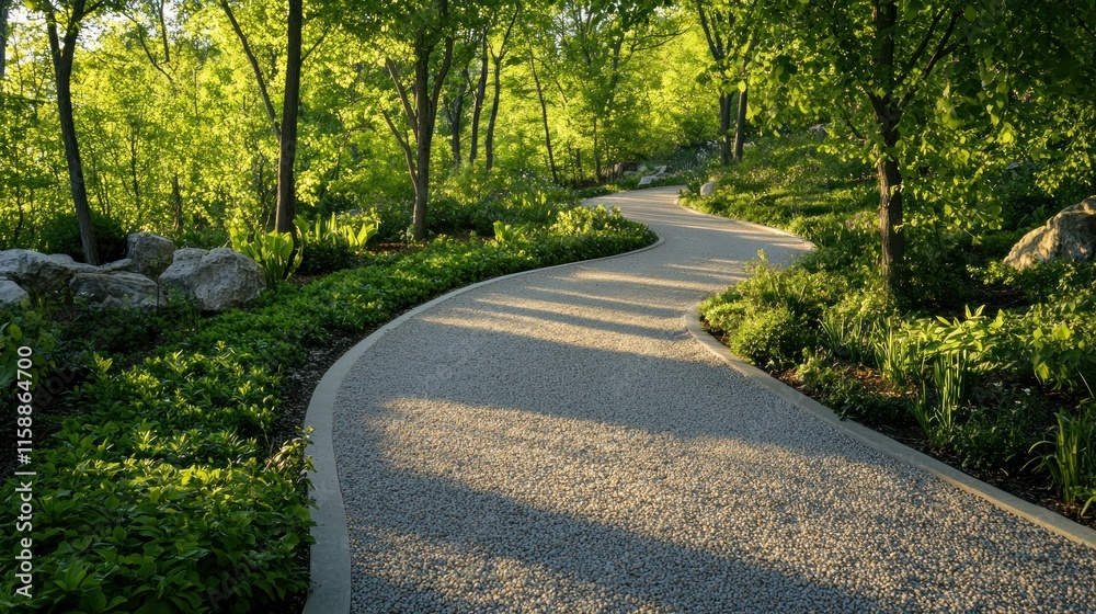 Winding garden path through lush green foliage, dappled sunlight. Winding garden path through lush green foliage, dappled sunlight.