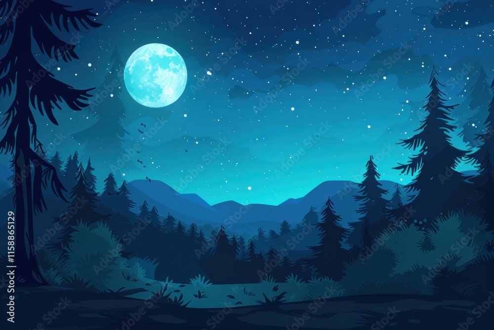 A Full Moon Illuminates a Nighttime Forest A Full Moon Illuminates a Nighttime Forest