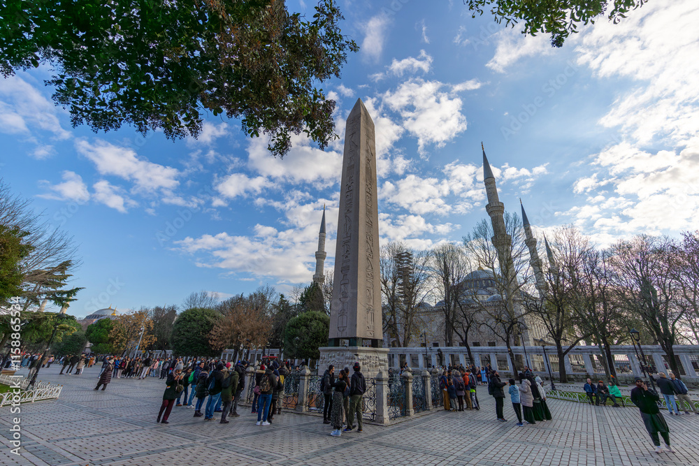 Obelisk of Theodosius and Blue Mosque from Istanbul, Turkey. High quality photo