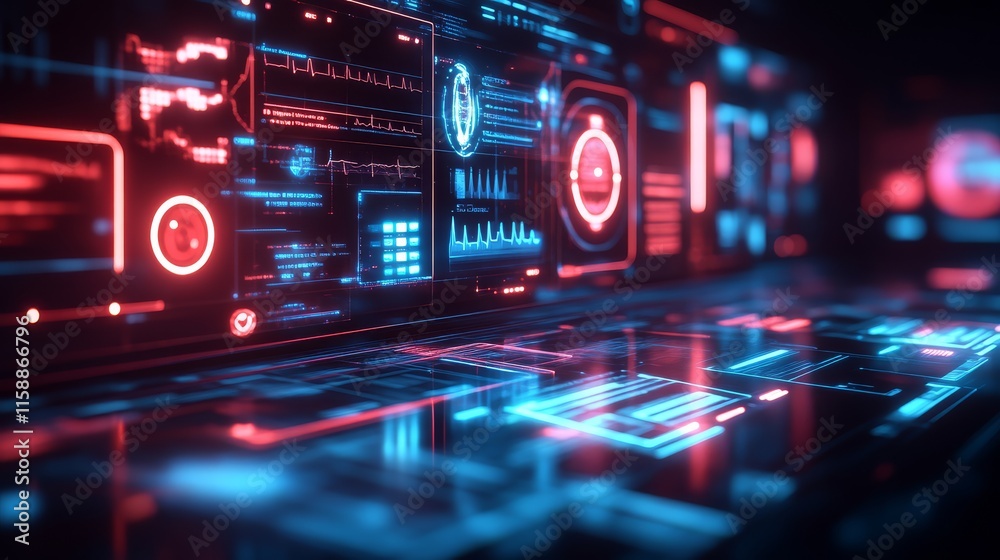 Obraz premium A futuristic digital interface with glowing blue and red elements, displaying data visualizations and technological graphics.