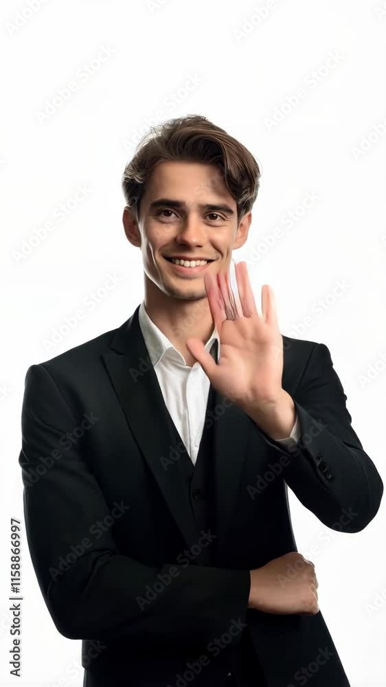Happy young man wearing suit saying hi to the camera. Posing over white background Happy young man wearing suit saying hi to the camera. Posing over white background