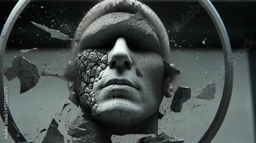 Artistic sculpture of a fragmented face surrounded by a circular border in a minimalistic setting
