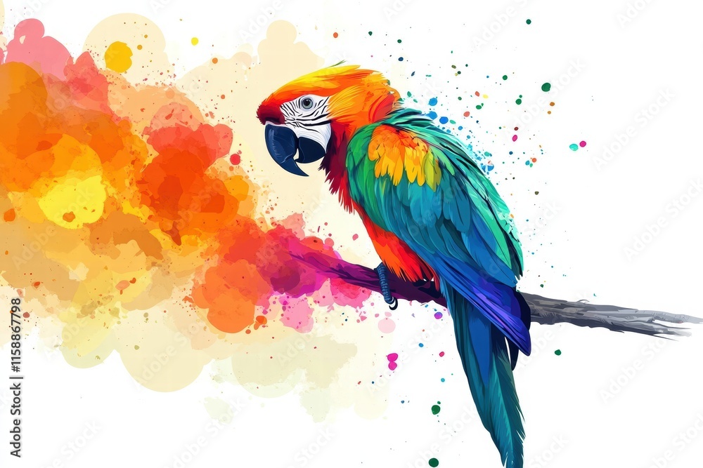 Obraz premium Bright parrot with vibrant feathers perched on a branch amidst colorful abstract background with copy space for text. Generative AI