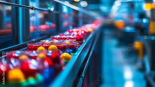 Wallpaper Mural Conveyor belt carrying packaged colorful fruits in a food processing plant. Torontodigital.ca
