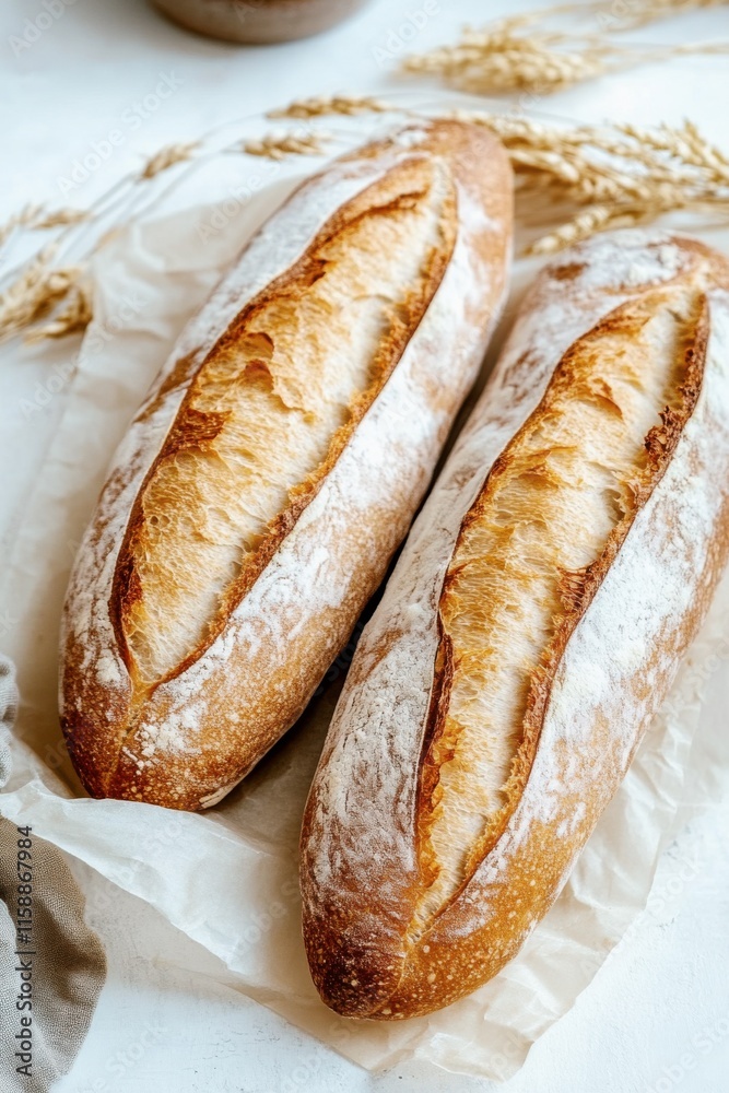 two artisan french baguettes with golden crust on parchment paper and wheat sprigs close-up, rustic bread photography two artisan french baguettes with golden crust on parchment paper and wheat sprigs close-up, rustic bread photography