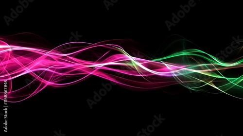 Abstract pink and green light waves, colorful glowing lines on black background, vibrant and dynamic flowing shapes