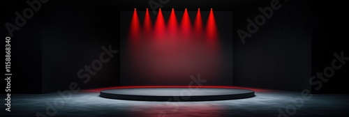 A stage with red lights and a black background