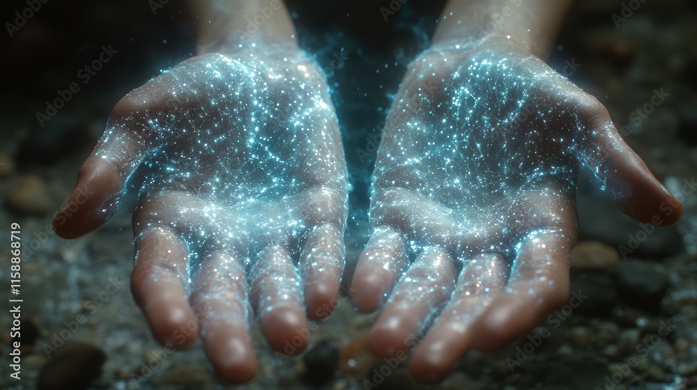 Fototapeta premium Glowing particles float above cupped hands.