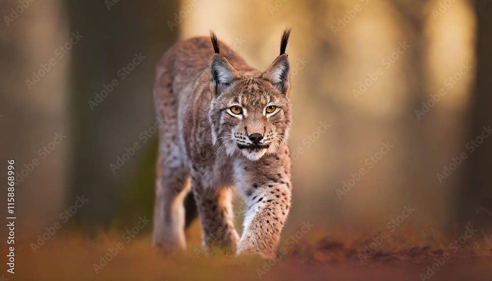 Enigmatic Lynx Stealthily Roaming Saffron-Dappled Forest in Crepuscular Twilight
