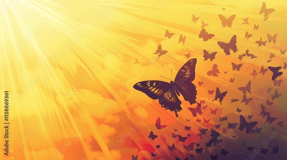 Fototapeta premium Vibrant Sunset with Butterflies Flying Against a Golden Sky and Soft Cloud Background
