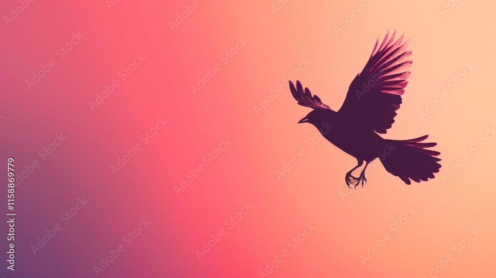 Fototapeta premium Silhouette of a Bird in Flight Against a Gradient Sunset Background