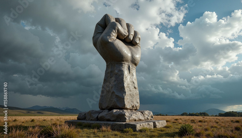 Giant stone fist sculpture under dramatic cloudy sky photo