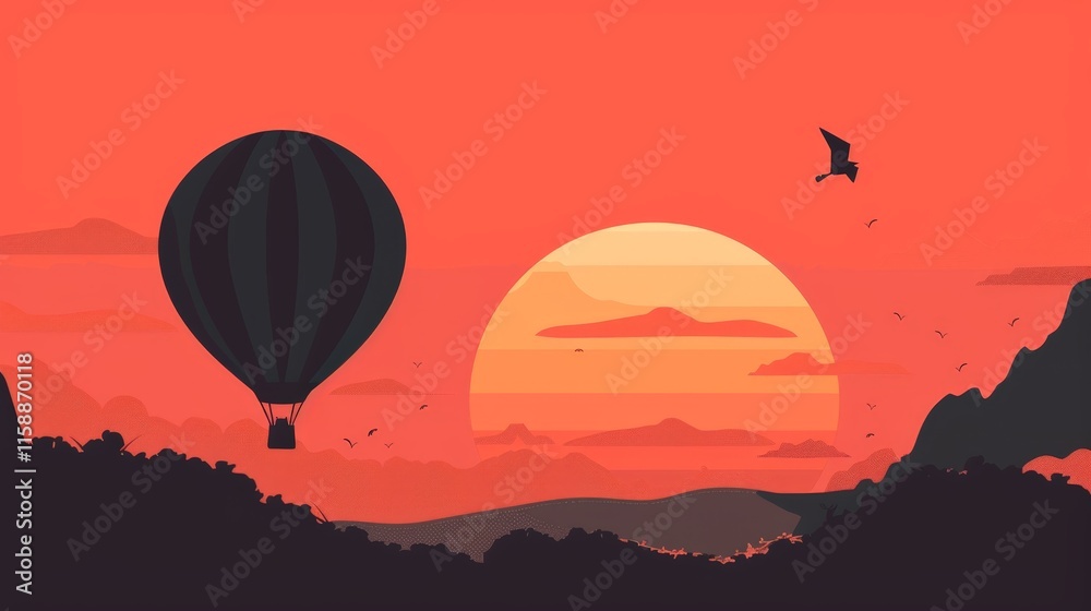 Hot Air Balloon Floating Against Vibrant Sunset Sky Over Mountainous Landscape Hot Air Balloon Floating Against Vibrant Sunset Sky Over Mountainous Landscape