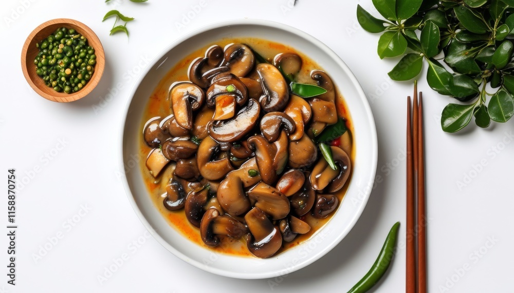 Obraz premium Sautéed Fried Mushrooms in Sauce with Fresh Green Garnishes on White Plate